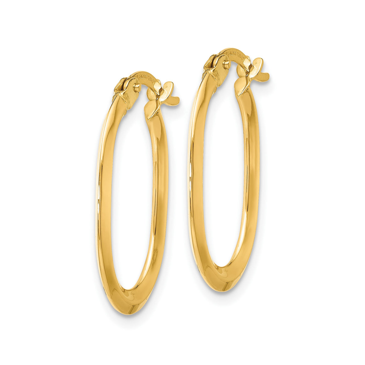 14k Yellow Gold Oval Hoop Earrings, High Polish Finish, Hinged Latch Back, Lightweight Design