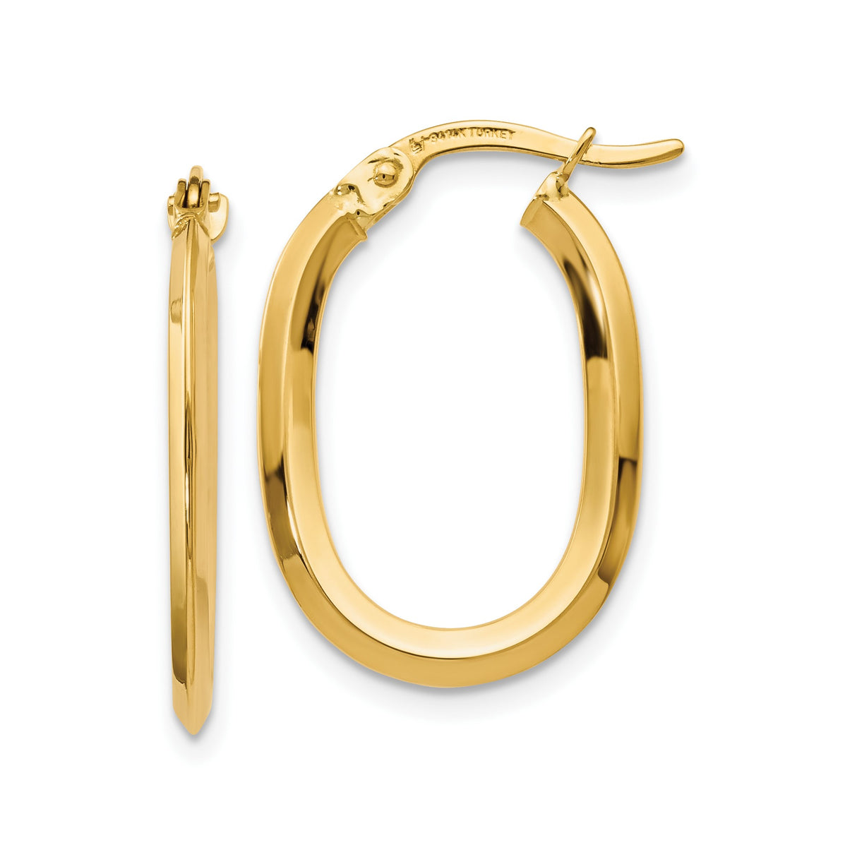 14k Yellow Gold Oval Hoop Earrings, High Polish Finish, Hinged Latch Back, Lightweight Design