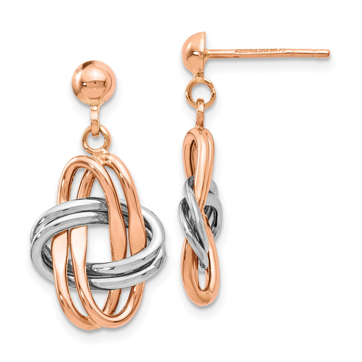 14k Two-Tone Gold Love Knot Dangle Earrings with Rose and White Gold Loops