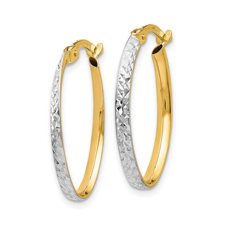14k Yellow Gold Hoop Earrings, Rhodium Diamond-Cut Two-Tone Oval with Polished Finish