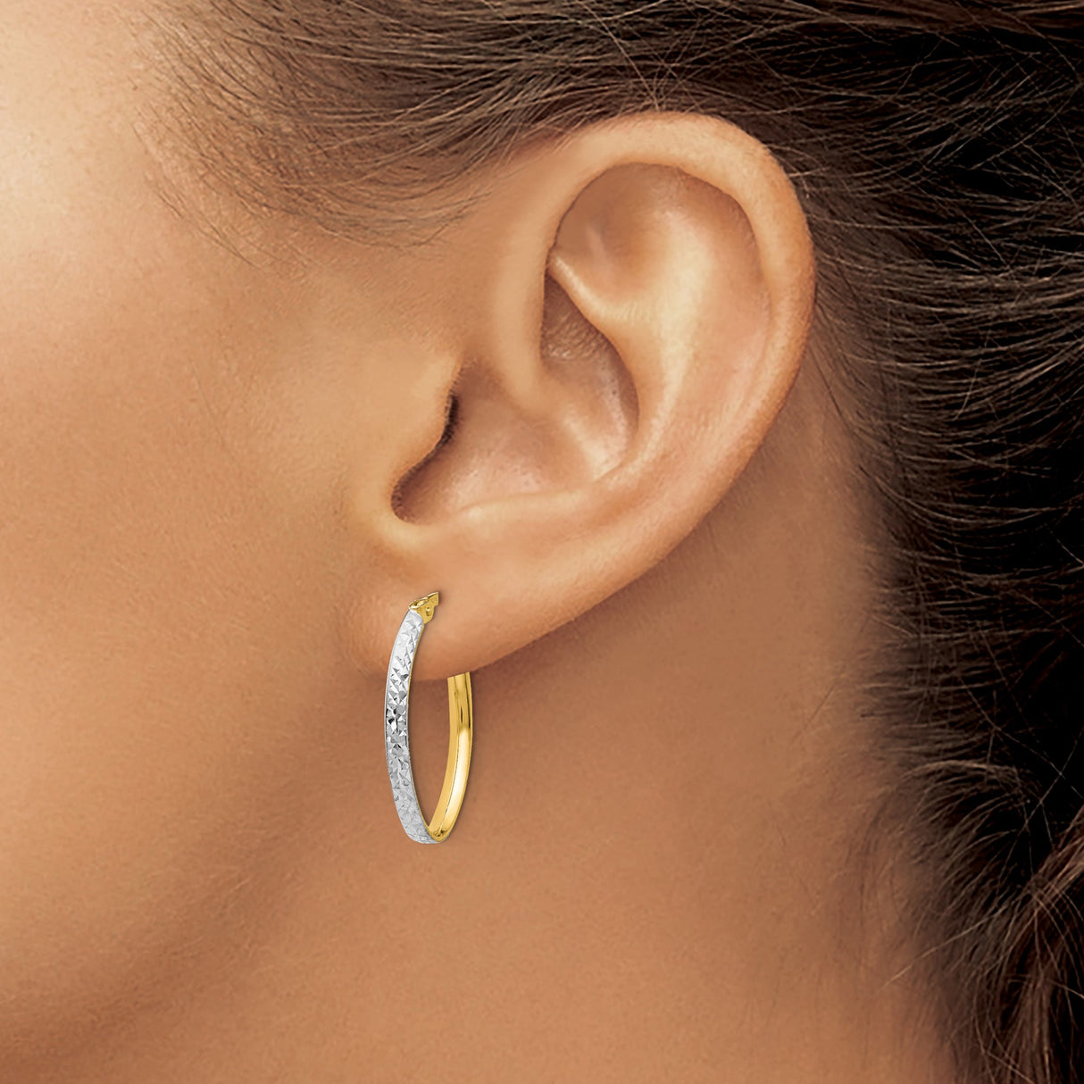 14k Yellow Gold Hoop Earrings, Rhodium Diamond-Cut Two-Tone Oval with Polished Finish