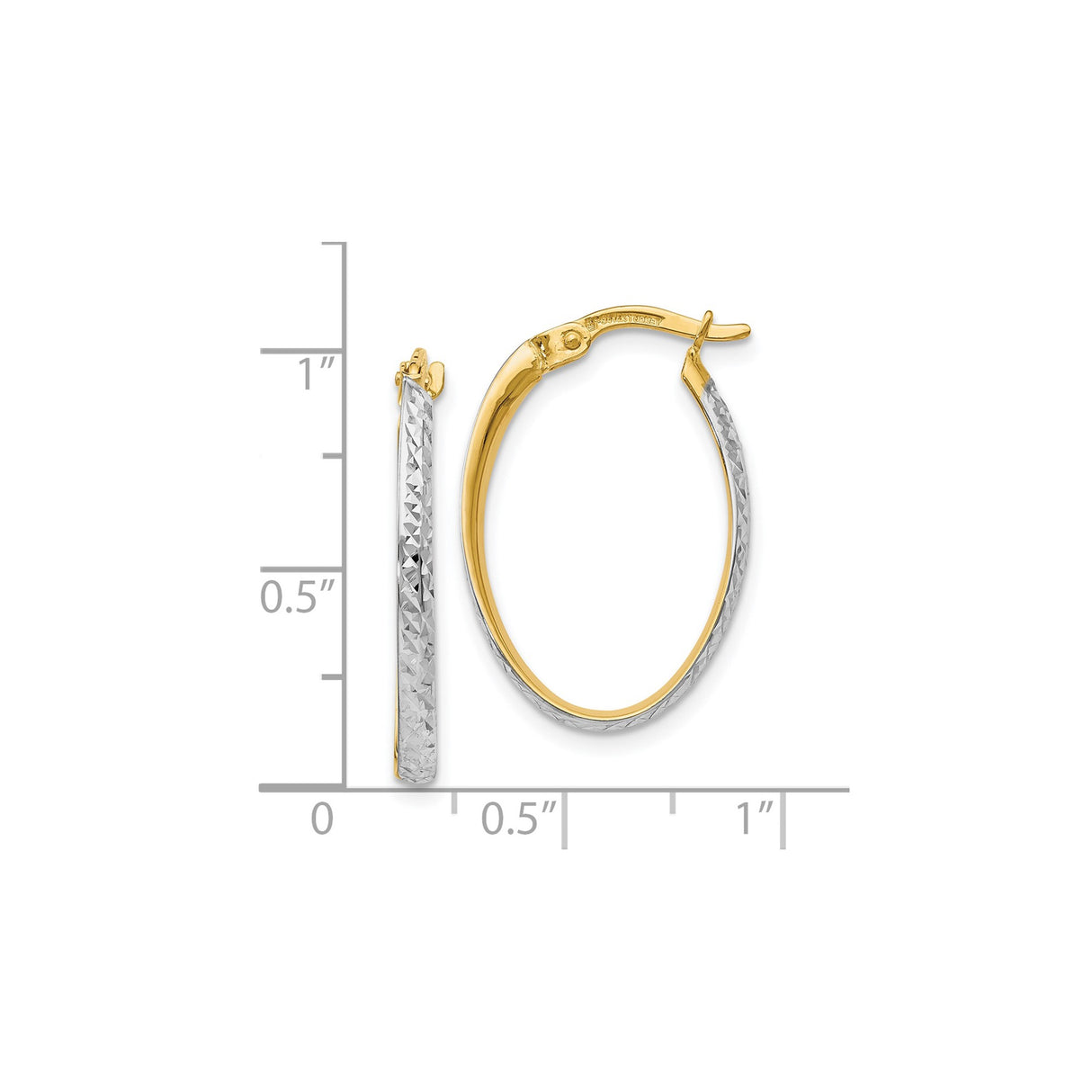 14k Yellow Gold Hoop Earrings, Rhodium Diamond-Cut Two-Tone Oval with Polished Finish