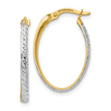 14k Yellow Gold Hoop Earrings, Rhodium Diamond-Cut Two-Tone Oval with Polished Finish
