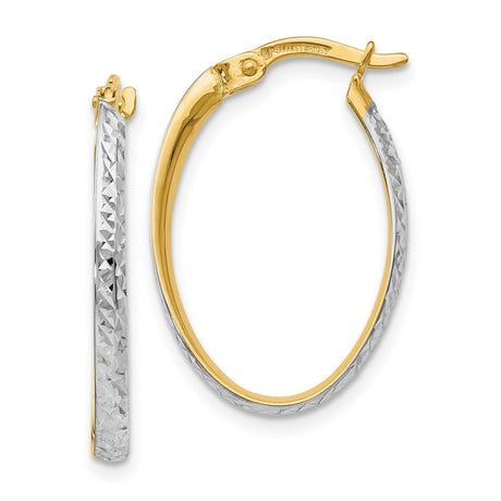 14k Yellow Gold Hoop Earrings, Rhodium Diamond-Cut Two-Tone Oval with Polished Finish