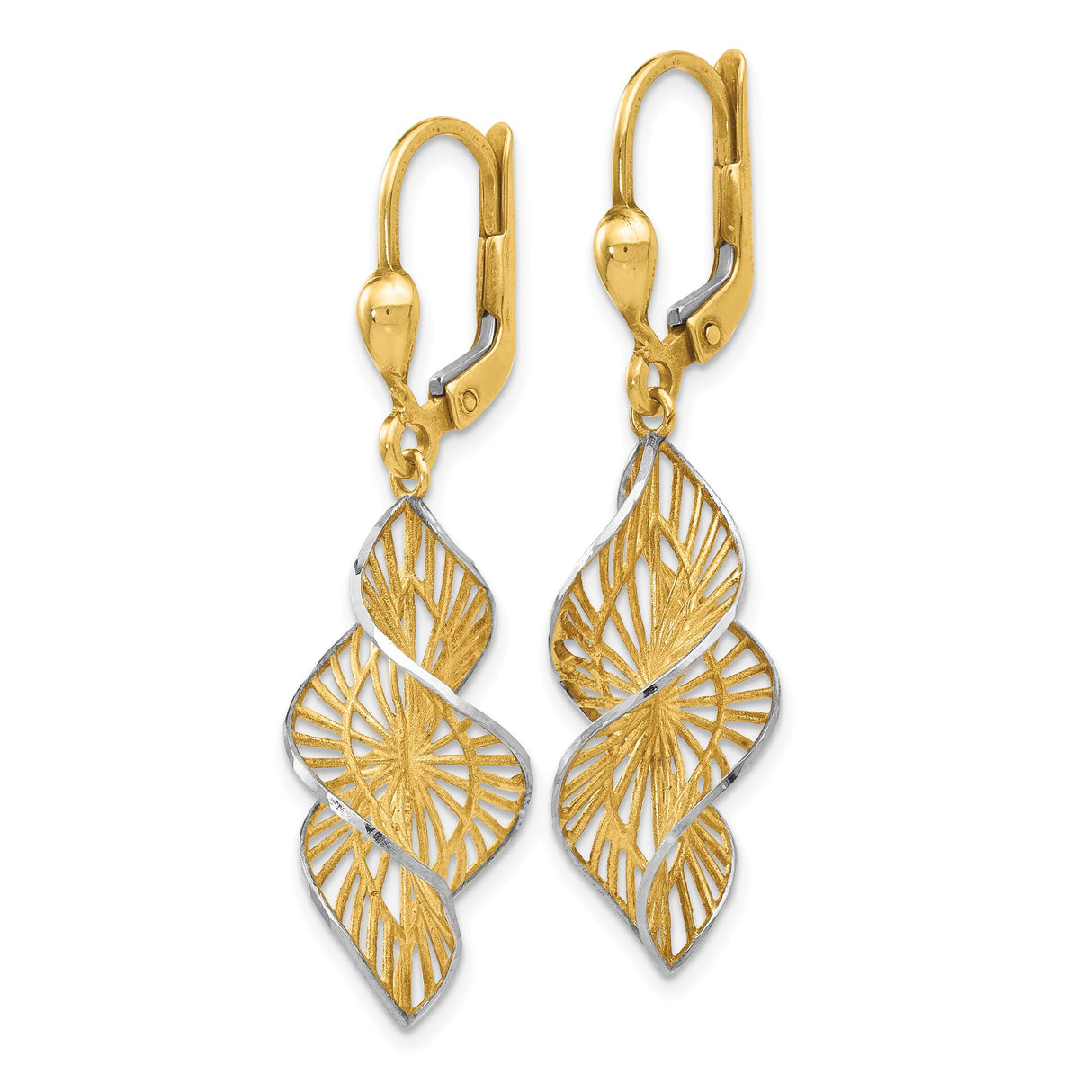 14k Yellow Gold and Rhodium Dangle Earrings, Twisted Leaf Filigree Cutout Design