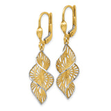 14k Yellow Gold and Rhodium Dangle Earrings, Twisted Leaf Filigree Cutout Design