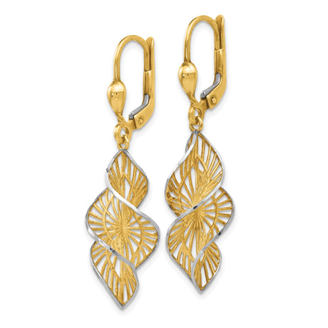 14k Yellow Gold and Rhodium Dangle Earrings, Twisted Leaf Filigree Cutout Design
