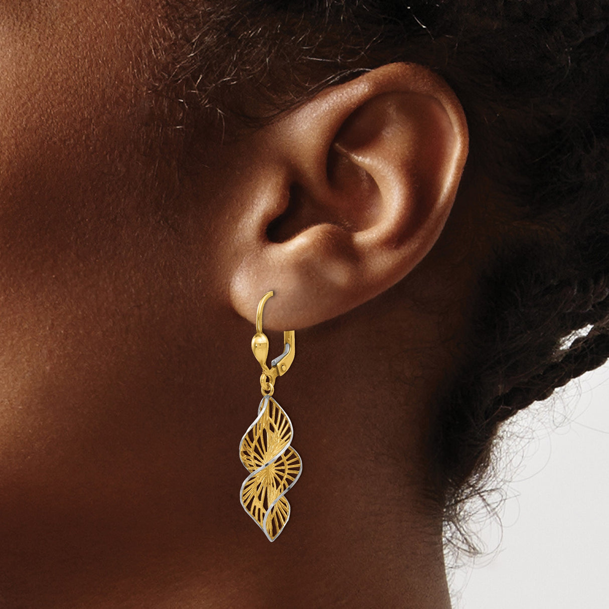 14k Yellow Gold and Rhodium Dangle Earrings, Twisted Leaf Filigree Cutout Design