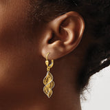 14k Yellow Gold and Rhodium Dangle Earrings, Twisted Leaf Filigree Cutout Design