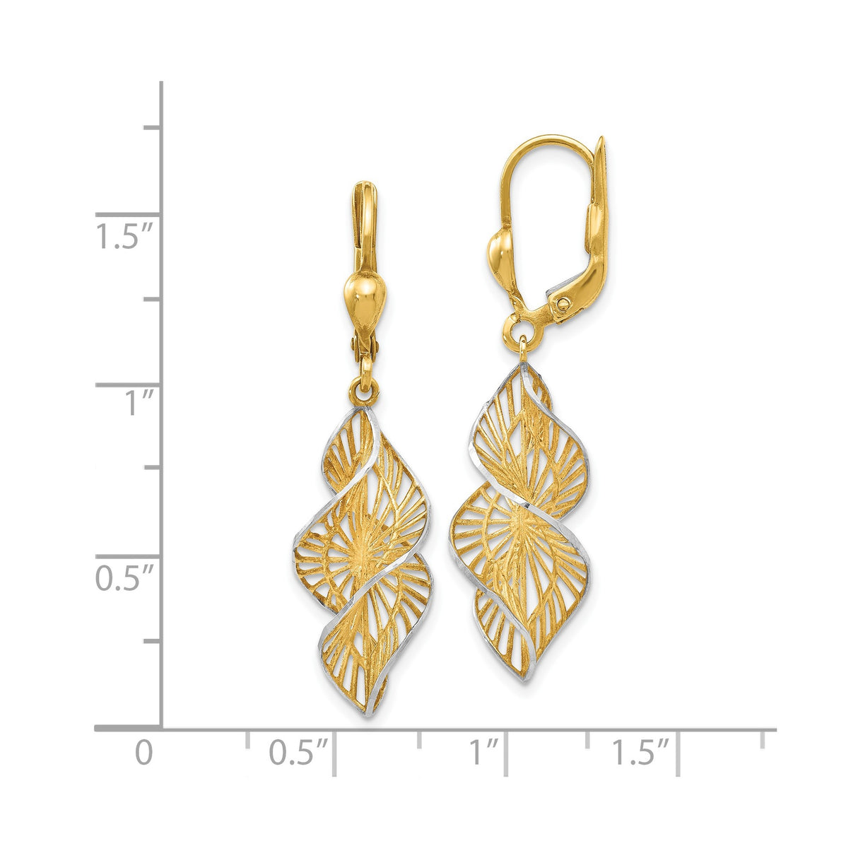 14k Yellow Gold and Rhodium Dangle Earrings, Twisted Leaf Filigree Cutout Design