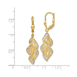 14k Yellow Gold and Rhodium Dangle Earrings, Twisted Leaf Filigree Cutout Design