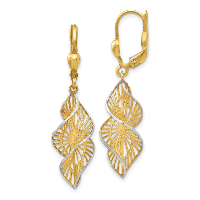 14k Yellow Gold and Rhodium Dangle Earrings, Twisted Leaf Filigree Cutout Design