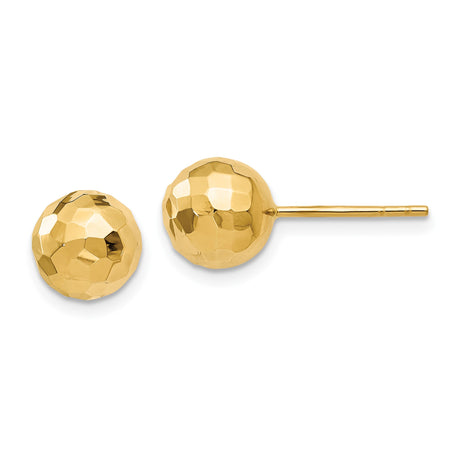 14k Yellow Gold Hammered Ball Stud Earrings, Faceted Minimalist Design for Women