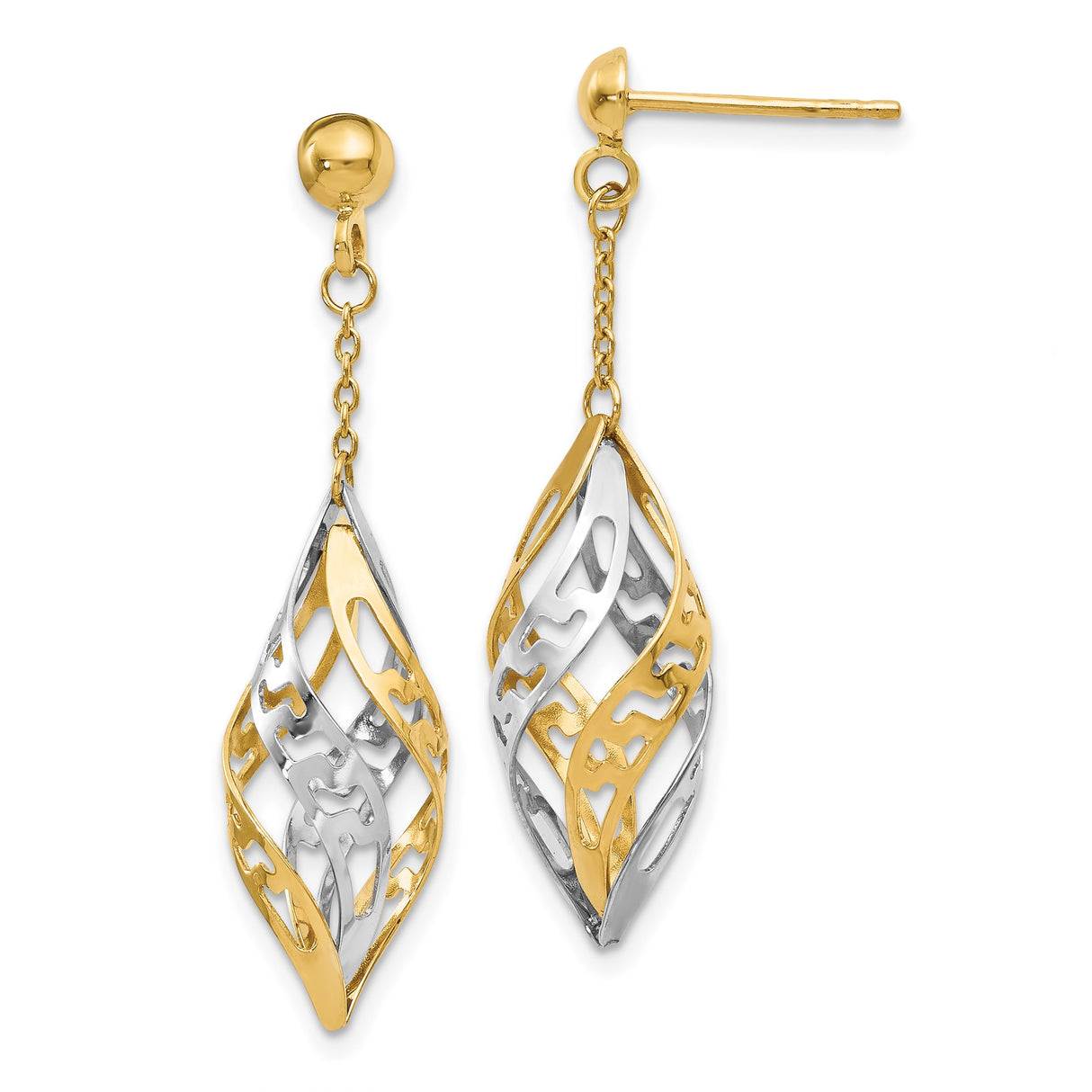 14k Yellow Gold Dangle Earrings with Twisted Leaf Design, Two-Tone Lightweight Drop Style