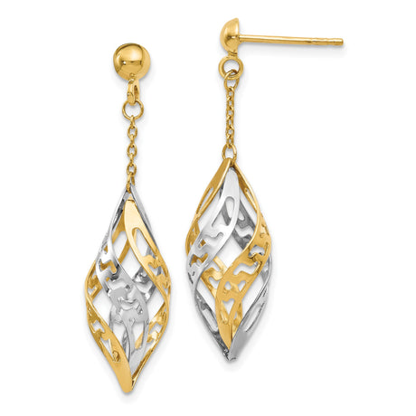 14k Yellow Gold Dangle Earrings with Twisted Leaf Design, Two-Tone Lightweight Drop Style