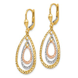 14k Tri-Color Gold Dangle Earrings with Diamond-Cut Teardrop Layers and Leverback Design