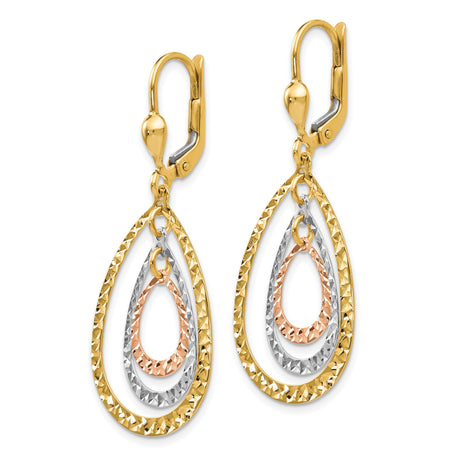 14k Tri-Color Gold Dangle Earrings with Diamond-Cut Teardrop Layers and Leverback Design
