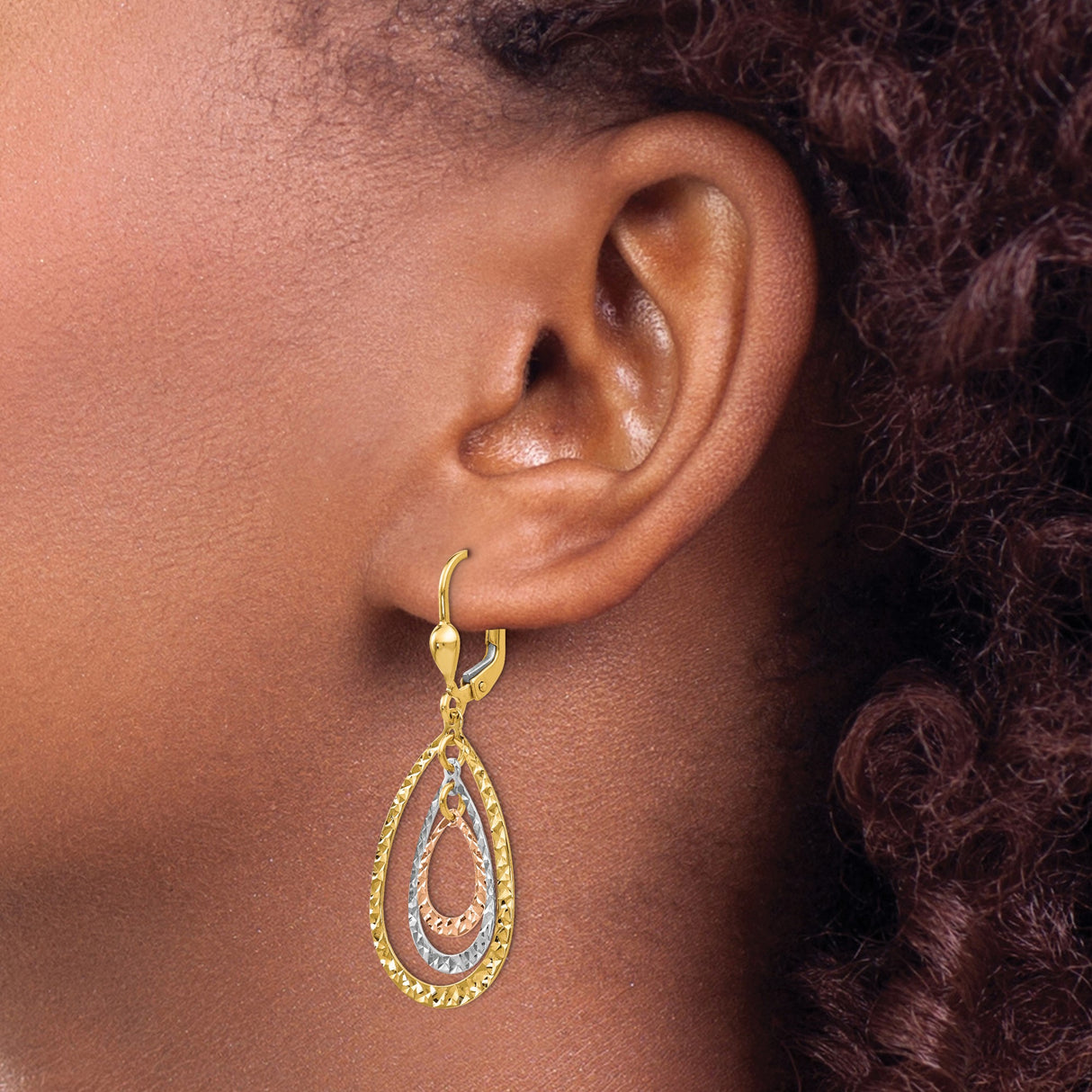 14k Tri-Color Gold Dangle Earrings with Diamond-Cut Teardrop Layers and Leverback Design