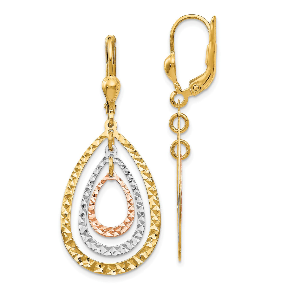 14k Tri-Color Gold Dangle Earrings with Diamond-Cut Teardrop Layers and Leverback Design