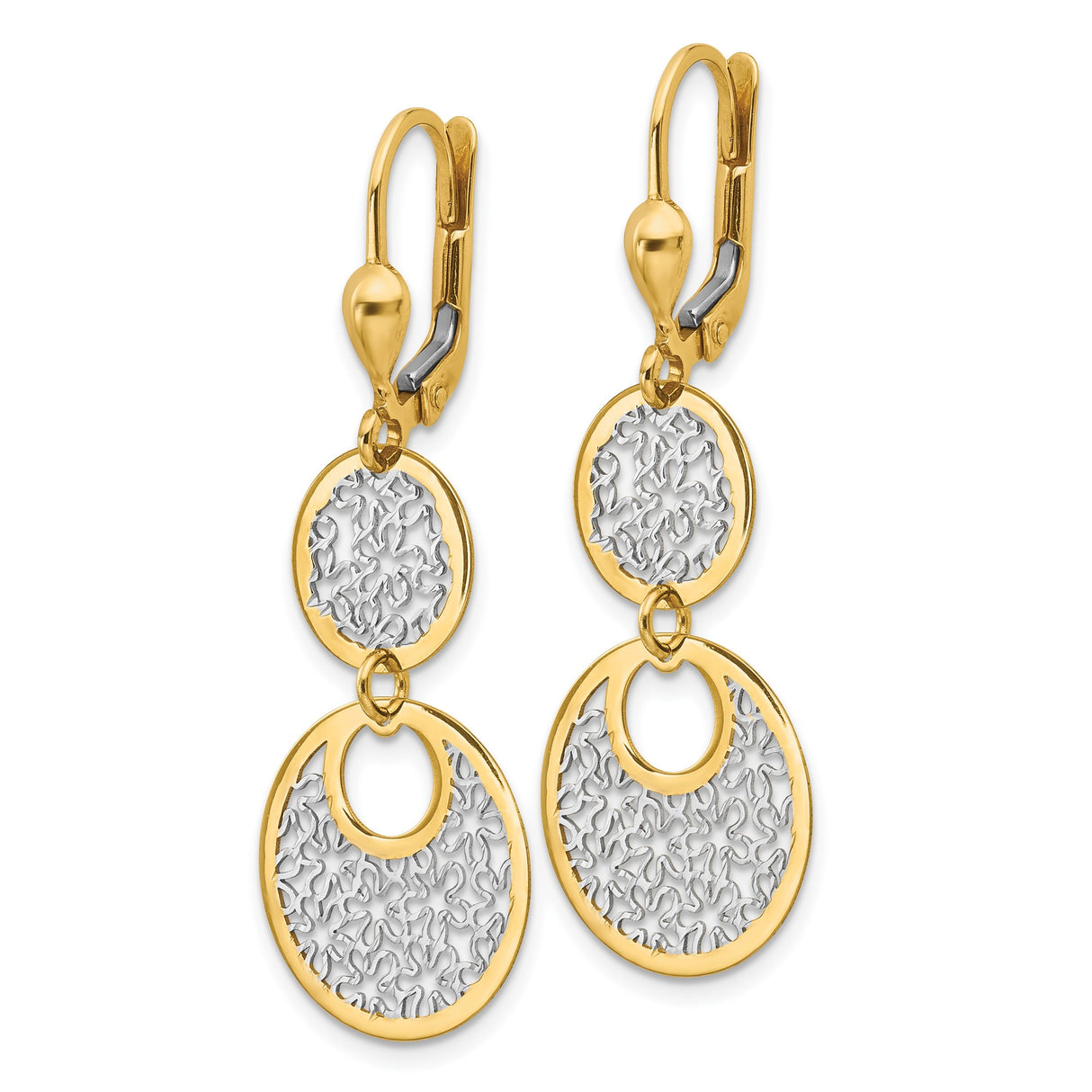 14k Yellow Gold Dangle Earrings with Rhodium Dual Circles and Diamond Cut Texture