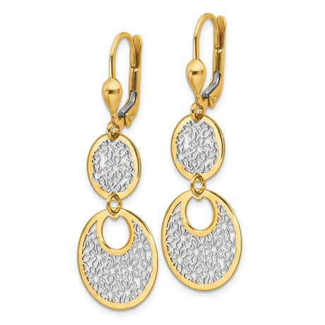 14k Yellow Gold Dangle Earrings with Rhodium Dual Circles and Diamond Cut Texture