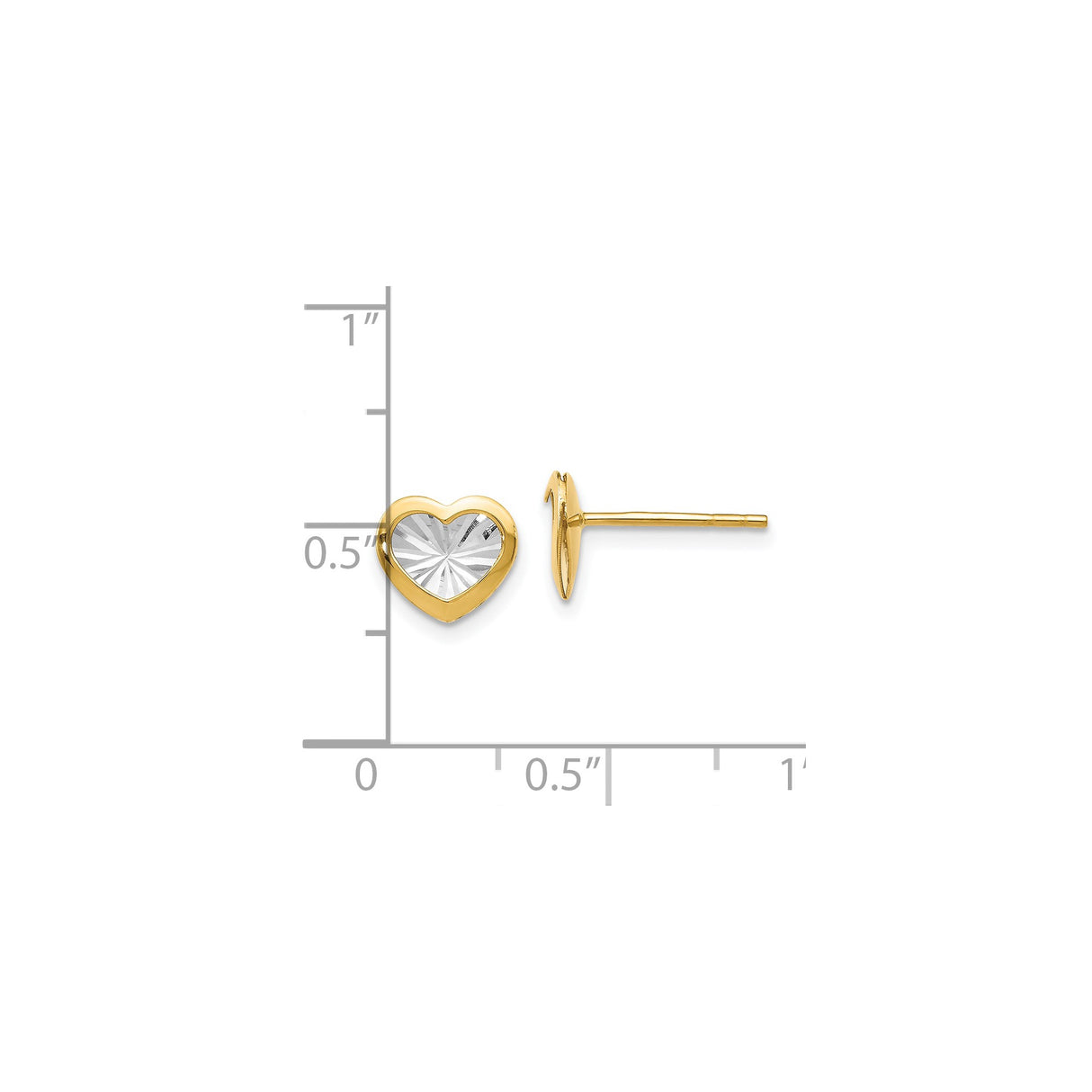 14k Yellow Gold Heart Earrings, Two-Tone Studs with Polished Border and Rhodium Center
