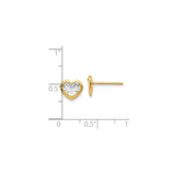 14k Yellow Gold Heart Earrings, Two-Tone Studs with Polished Border and Rhodium Center