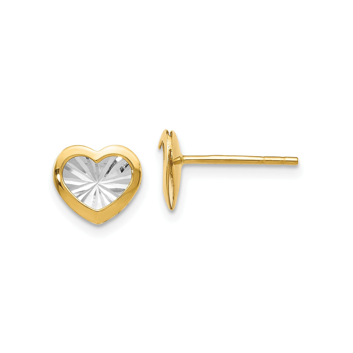 14k Yellow Gold Heart Earrings, Two-Tone Studs with Polished Border and Rhodium Center