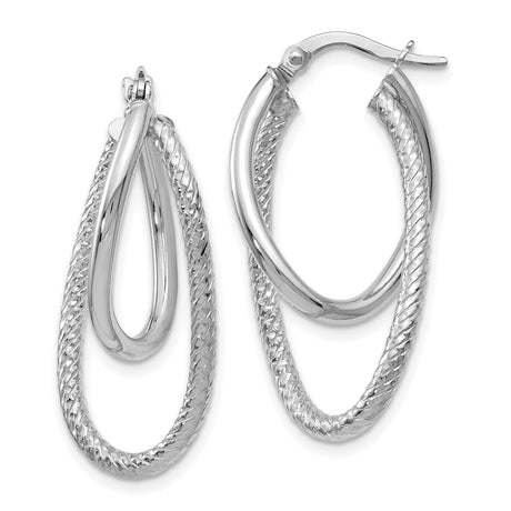 14k White Gold Oval Hoop Earrings with Twisted Double-Layered Polished Design
