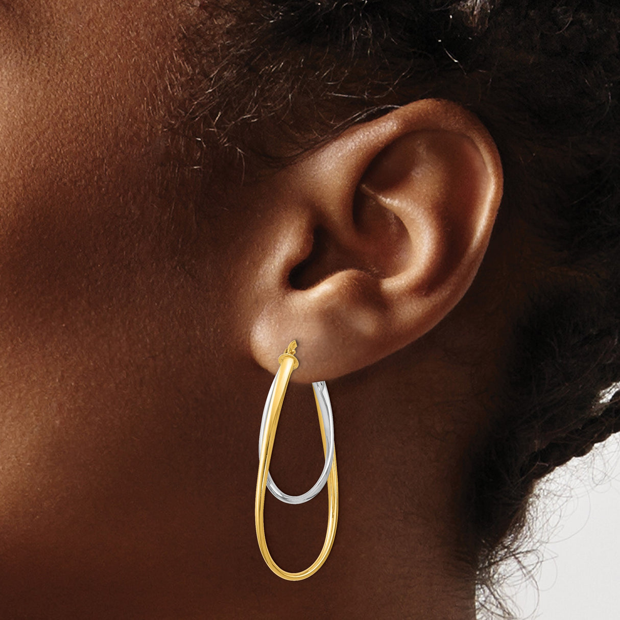 14k Two-Tone Gold Interlocking Hoop Earrings with Twisted Yellow and White Gold Design