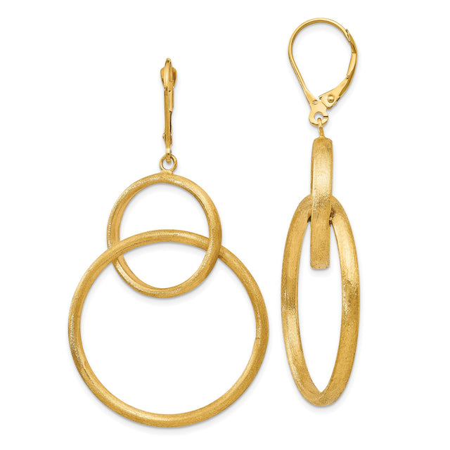 14k Yellow Gold Dangle Earrings with Interlinked Open Oval and Circle Hoops, Satin Finish, Geometric Design
