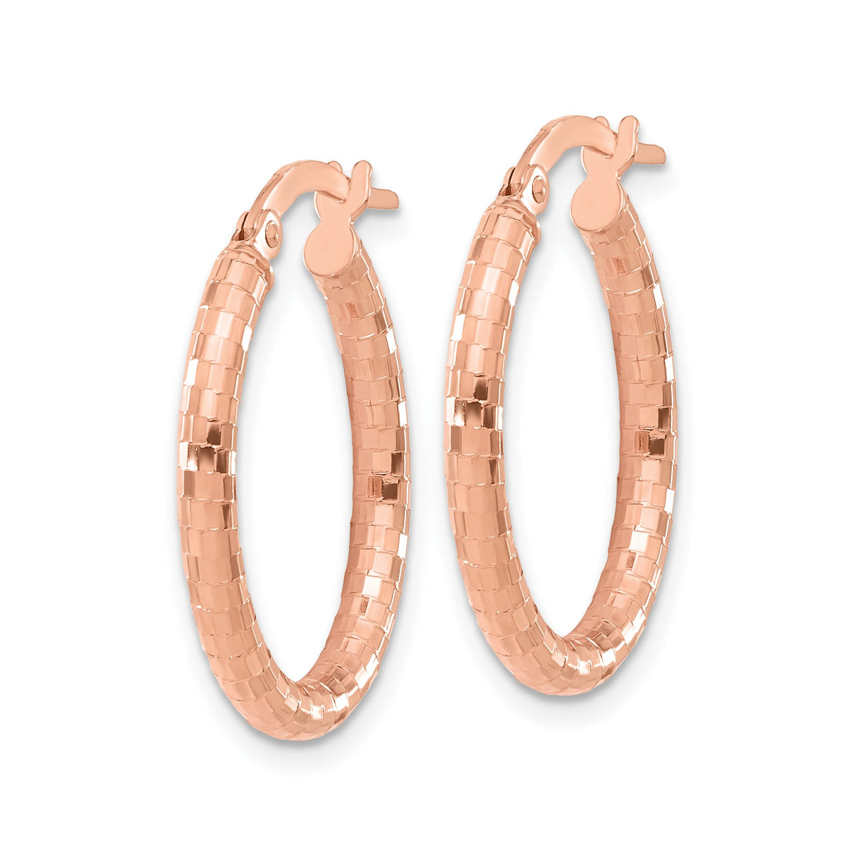 14k Rose Gold Hoop Earrings, Textured Square Pattern, Lightweight Modern Design for Women