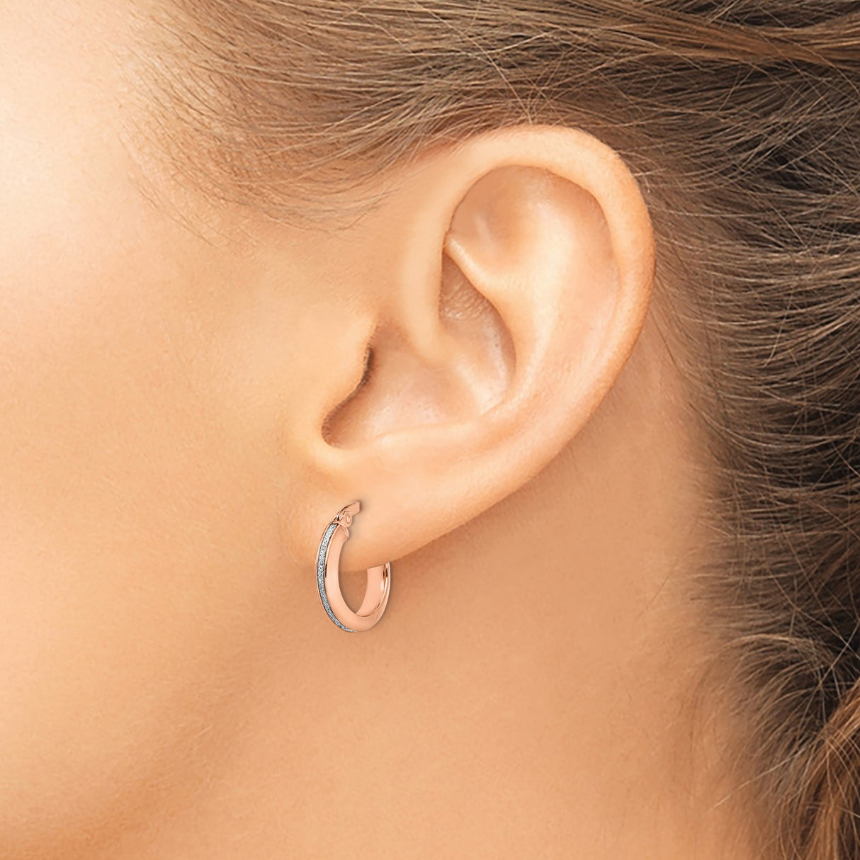 14k Rose Gold Hoop Earrings with Silver Stripe, Textured Polished Finish, Medium Lightweight Style