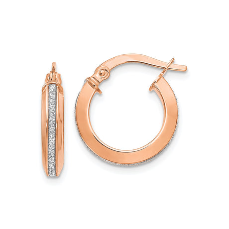 14k Rose Gold Hoop Earrings with Silver Stripe, Textured Polished Finish, Medium Lightweight Style