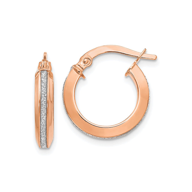14k Rose Gold Hoop Earrings with Silver Stripe, Textured Polished Finish, Medium Lightweight Style