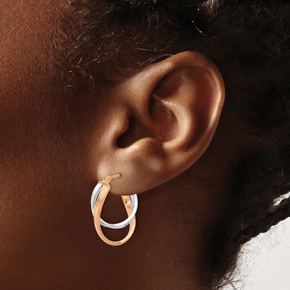 14k Yellow Gold Twisted Hoop Earrings, Two-Tone Infinity Design, Polished Interlocking Loops