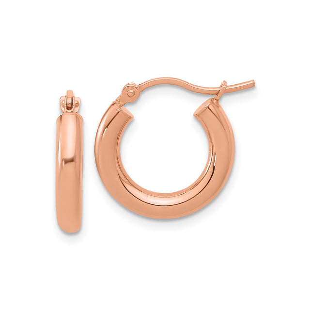 14k Rose Gold Hoop Earrings with Smooth Polished Finish, Lightweight Snap Back Closure