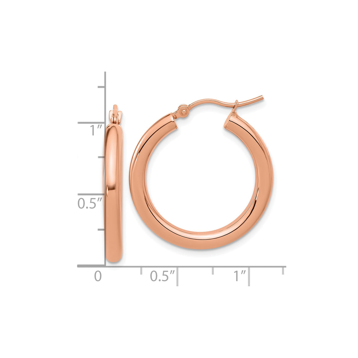 14k Rose Gold Hoop Earrings, Classic Round Polished Design, Lightweight Everyday Jewelry