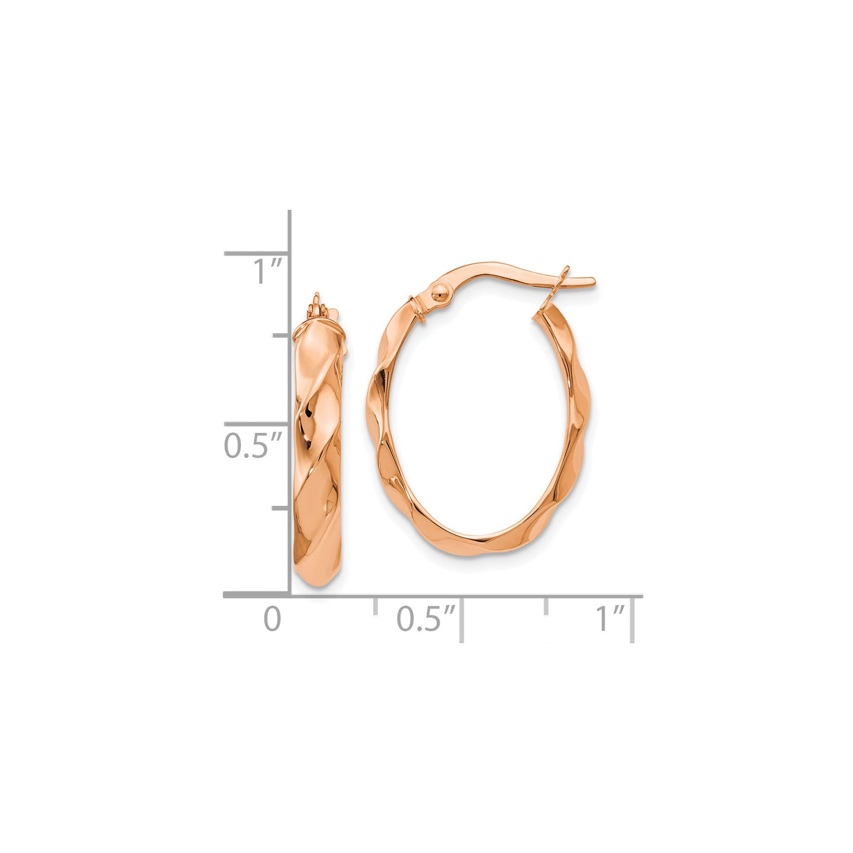 14k Rose Gold Twisted Oval Hoop Earrings, Polished Textured Wavy Design for Women