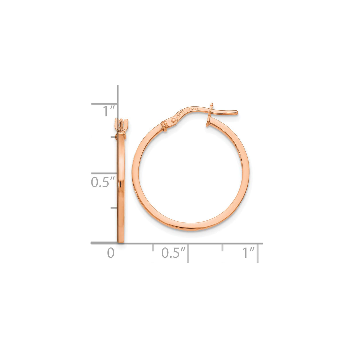 14k Rose Gold Hoop Earrings, Medium Round Polished Italian Made Lightweight Design
