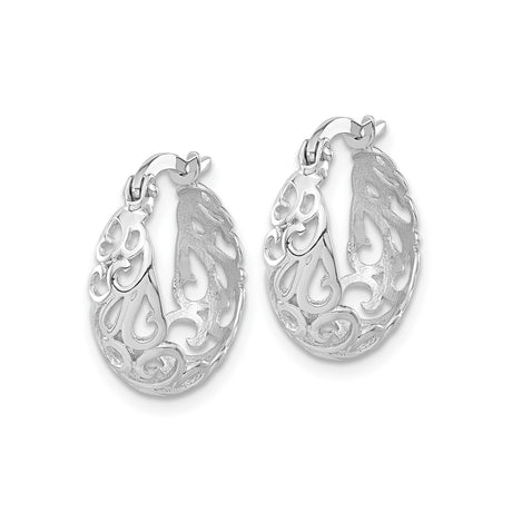 14k White Gold Hoop Earrings with Openwork Scroll Design and Heart Swirls