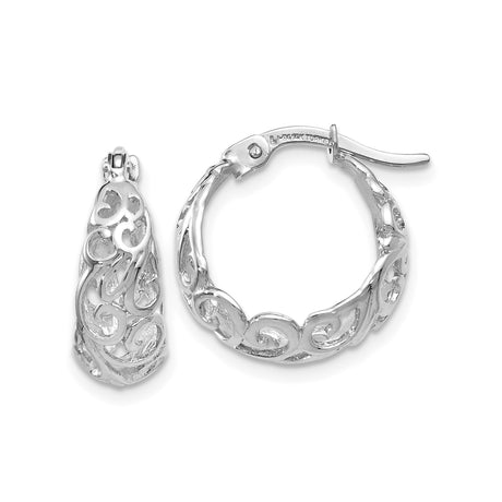 14k White Gold Hoop Earrings with Openwork Scroll Design and Heart Swirls