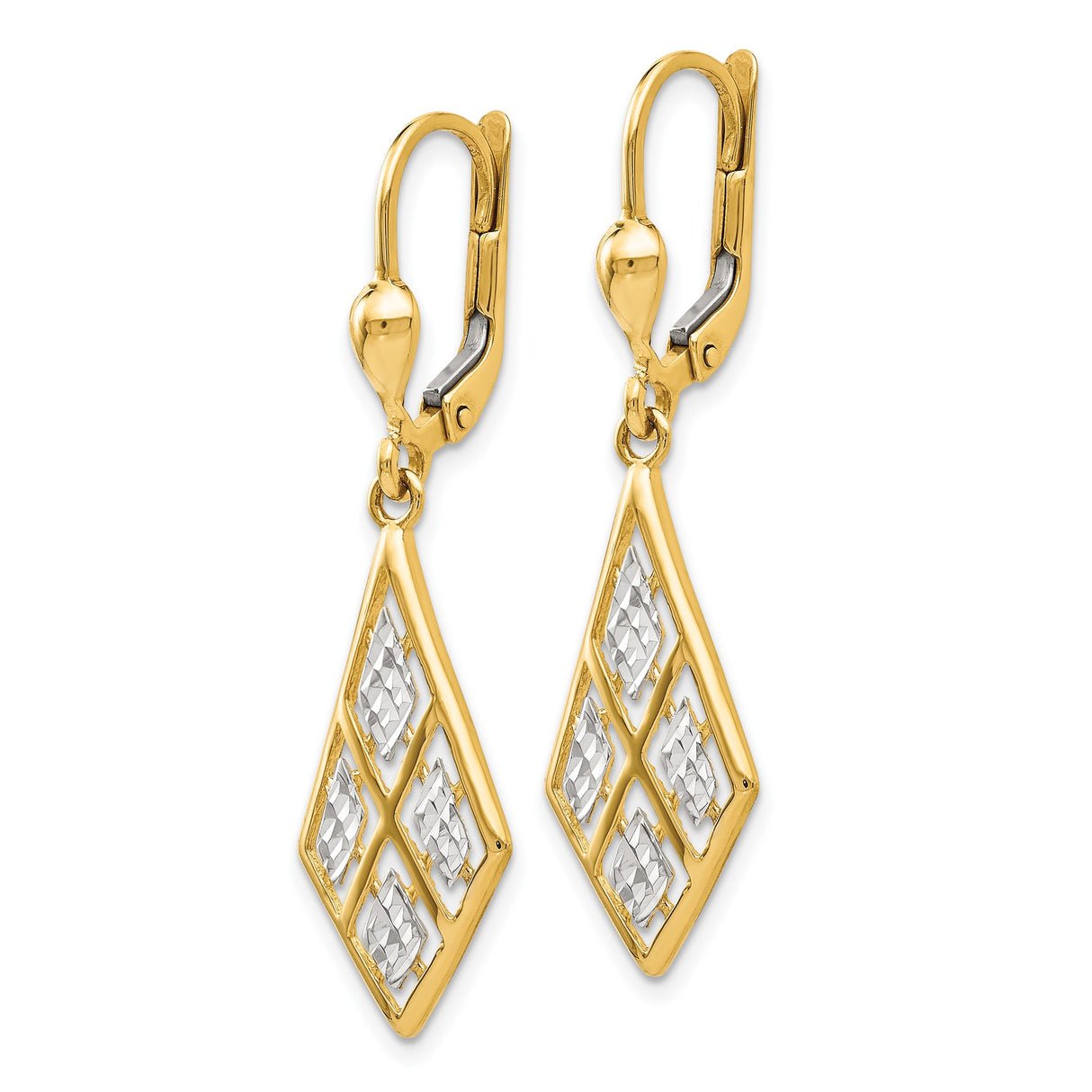 14k Yellow Gold Dangle Earrings with Rhodium Accents, Geometric Lattice Drop Design