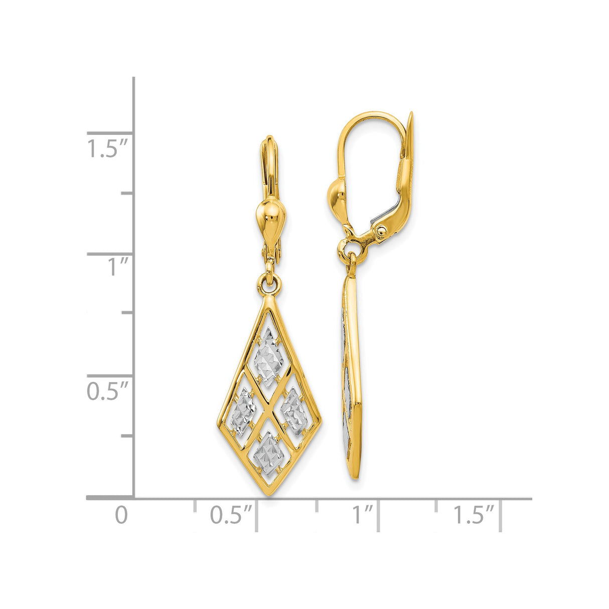 14k Yellow Gold Dangle Earrings with Rhodium Accents, Geometric Lattice Drop Design