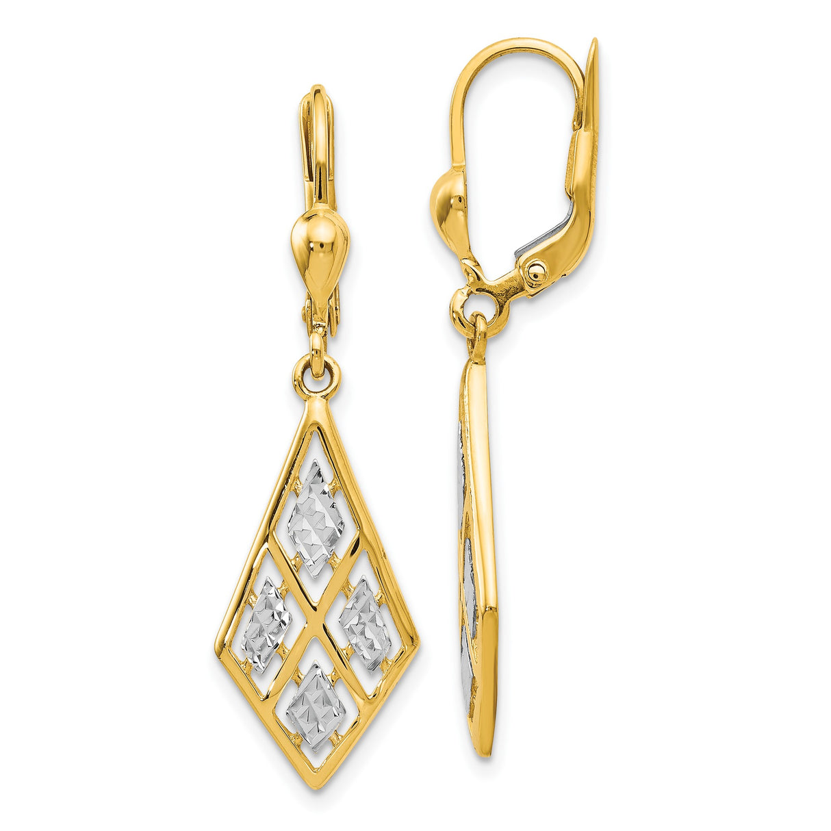 14k Yellow Gold Dangle Earrings with Rhodium Accents, Geometric Lattice Drop Design