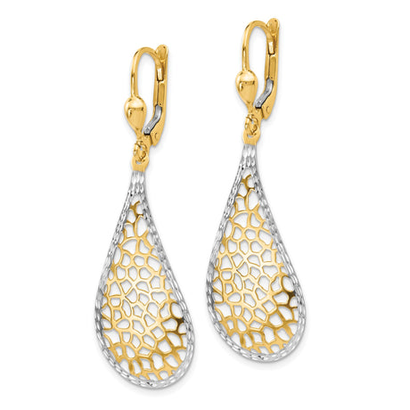 14k Yellow Gold Drop Earrings with Rhodium Teardrop Openwork Design and Leverback Backs