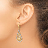 14k Yellow Gold Drop Earrings with Rhodium Teardrop Openwork Design and Leverback Backs