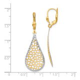 14k Yellow Gold Drop Earrings with Rhodium Teardrop Openwork Design and Leverback Backs