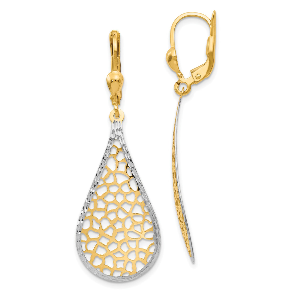 14k Yellow Gold Drop Earrings with Rhodium Teardrop Openwork Design and Leverback Backs