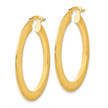 14k Yellow Gold Hoop Earrings, Flat Round Brushed Finish, Lightweight Modern Design for Women